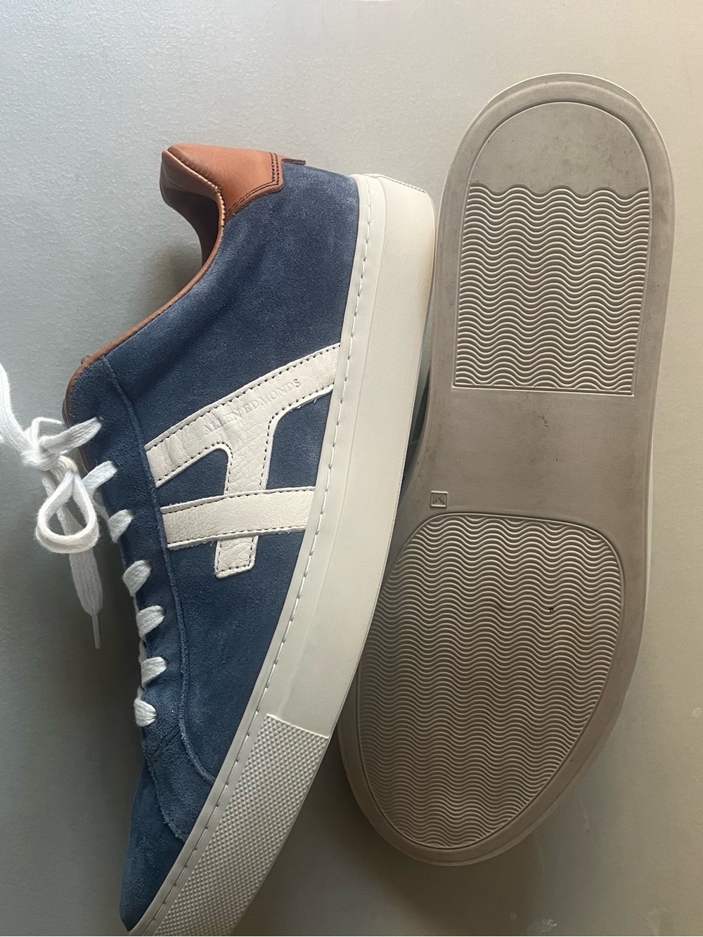 Allen Edmonds Navy Suede Sneakers with White Accents and Tan Lining - Picture 6 of 12